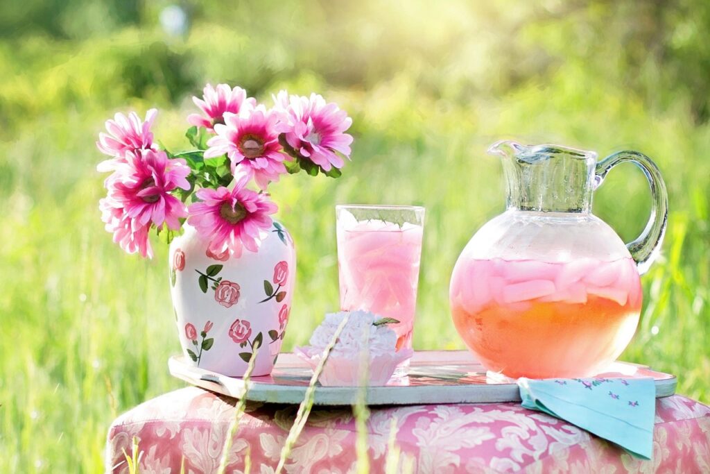 pink lemonade, summer, outdoors, beverage, refreshment, flower vase, pink flowers, cold, thirsty, summer, summer, summer, nature, summer, summer